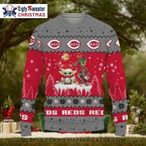 Baby Yoda And Groot Reds Snowy Christmas Sweater