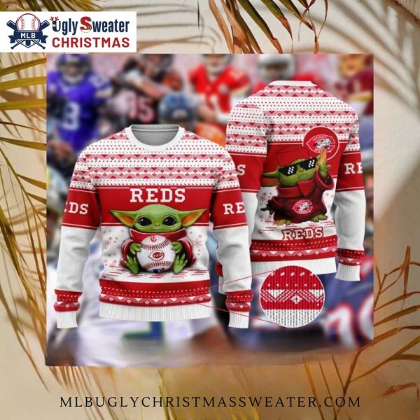 Baby Yoda Cincinnati Reds White Christmas Sweater