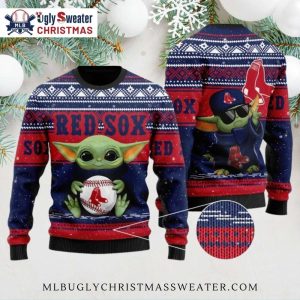 Baby Yoda Red Sox Ugly Christmas Sweater With Baseball And Sox Logo