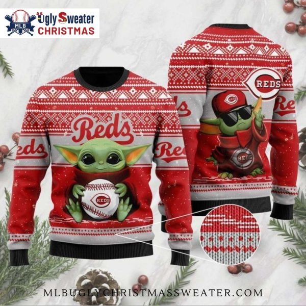 Baby Yoda With Reds Hat Ugly Christmas Sweater