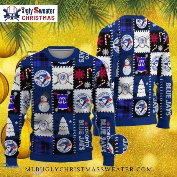 Blue Jays Patchwork Snowman Christmas Ugly Sweater