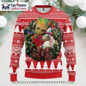 Boston Red Sox Groot Holiday Lights Ugly Sweater