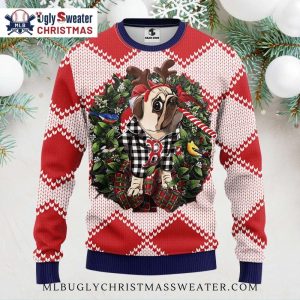 Boston Red Sox Pug In Reindeer Costume Ugly Christmas Sweater