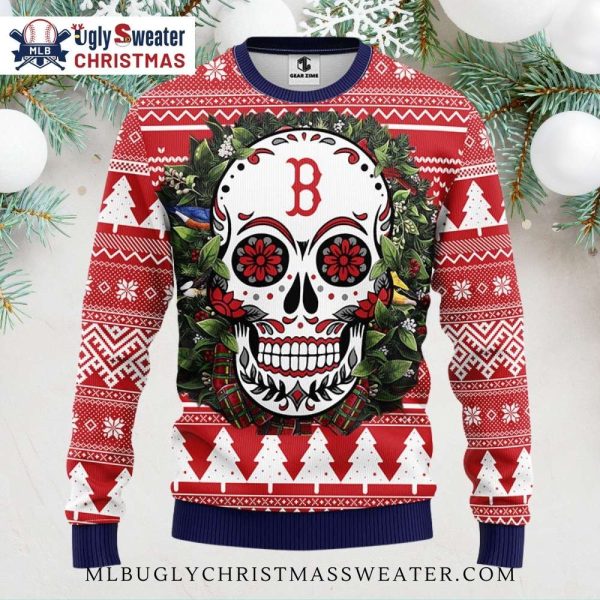 Boston Red Sox Sugar Skull Wreath Ugly Christmas Sweater