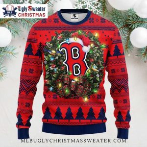 Boston Red Sox Wreath And Lights Ugly Christmas Sweater