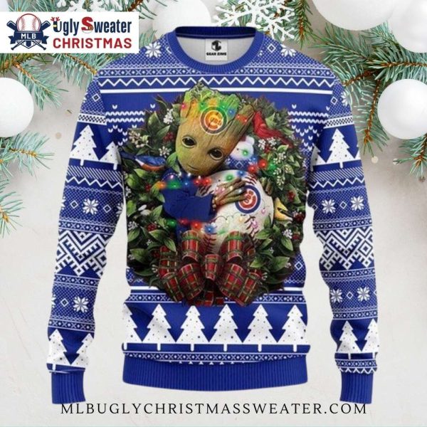 Chicago Cubs Christmas Sweater With Groot And Wreath Design