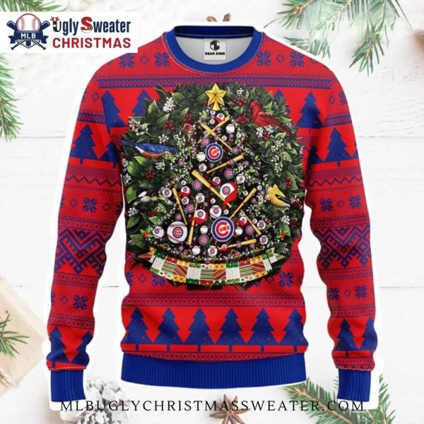 Chicago Cubs Christmas Tree Ugly Sweater With Cubs Ornaments