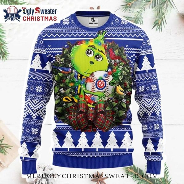 Chicago Cubs Christmas Wreath Ugly Sweater With Grinch Theme