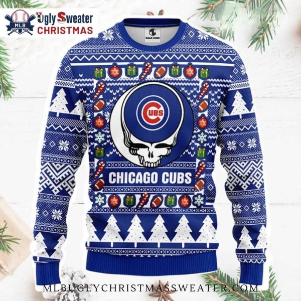 Chicago Cubs Skull Logo Ugly Christmas Sweater With Ornaments