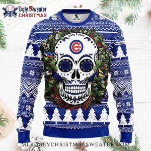 Chicago Cubs Sugar Skull Ugly Christmas Sweater Blue Holiday Design 1