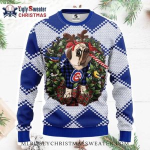 Chicago Cubs Ugly Christmas Sweater With Bulldog And Wreath 1