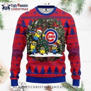 Chicago Cubs Ugly Christmas Sweater With Minions And Wreath 1