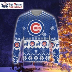 Chicago Cubs Ugly Sweater – Blue Snowflakes And Reindeer Holiday Cheer