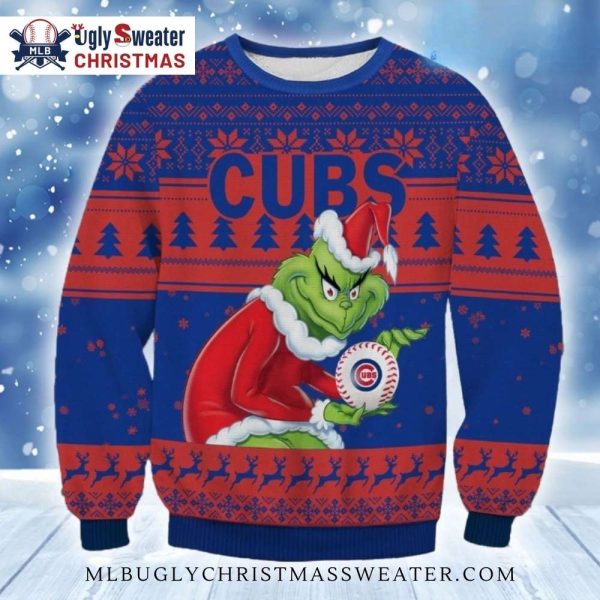 Chicago Cubs Ugly Sweater With Grinch Holding Cubs Baseball