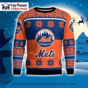 Classic Mets Snowflake And Logo Orange Ugly Christmas Sweater