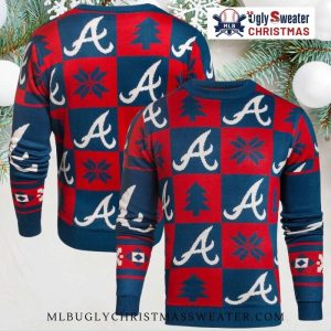 Classic Red And Blue Atlanta Braves Logo Patchwork Ugly Christmas Sweater