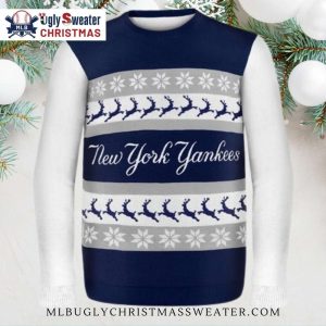 Cozy White Blue Yankees Ugly Sweater With Winter Reindeer Design