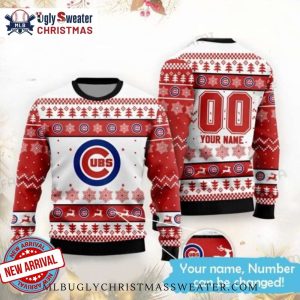 Cubs Ugly Christmas Sweater – Red And White Customizable Snowflakes