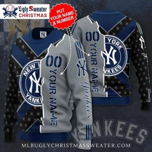 Custom Gray And Navy Blue Yankees Ugly Sweater With Bold Logo