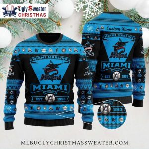 Custom Miami Marlins Black And Blue Ugly Christmas Sweater