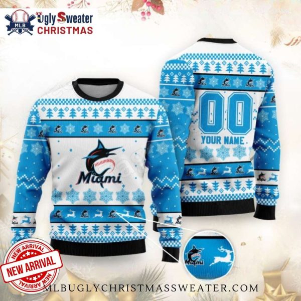 Custom Miami Marlins White And Blue Snowflakes Ugly Sweater