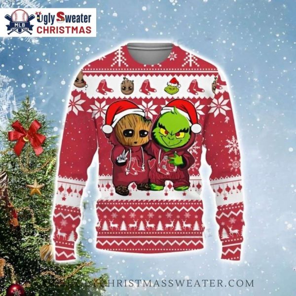 Cute Grinch And Groot Red Sox Christmas Sweater