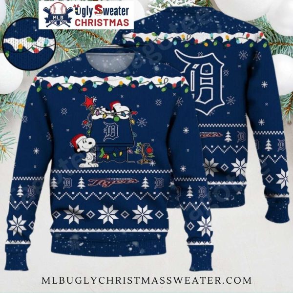 Cute Snoopy Christmas Lights Detroit Tigers Ugly Sweater