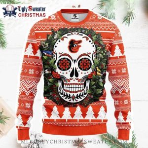 Day of the Dead Skull Baltimore Orioles Christmas Sweater 1