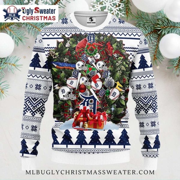 Detroit Tigers Baseball Gift Wreath Ugly Christmas Sweater