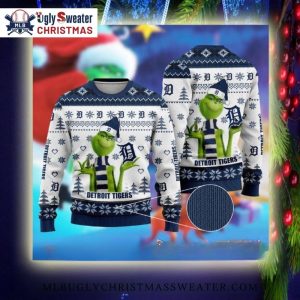 Detroit Tigers Grinch Holiday Ugly Sweater With Snowflake Pattern