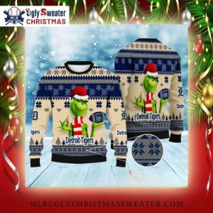 Detroit Tigers Grinch Tan Ugly Christmas Sweater With Candy Cane Print