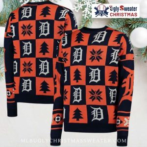 Detroit Tigers Orange Navy Checkered Pattern Holiday Ugly Sweater With Team Logos