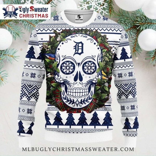 Detroit Tigers Skull Christmas Wreath Ugly Christmas Sweater