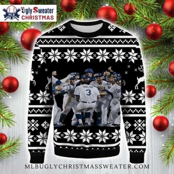 Dodgers Team Celebration Black Snowflake Ugly Sweater