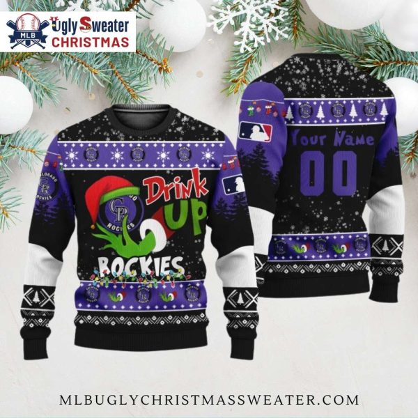 Drink Up Grinch Colorado Rockies Ugly Christmas Sweater Personalized