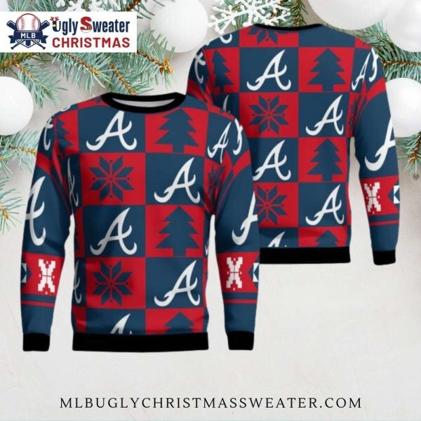 Festive Atlanta Braves Logo Patchwork Ugly Christmas Sweater