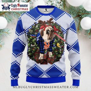 Festive Bulldog New York Mets Reindeer Ugly Christmas Sweater