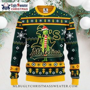 Festive Grinch Oakland A’s Ugly Christmas Sweater