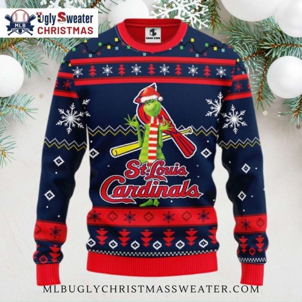 Festive St. Louis Cardinals Ugly Sweater With Grinch Santa