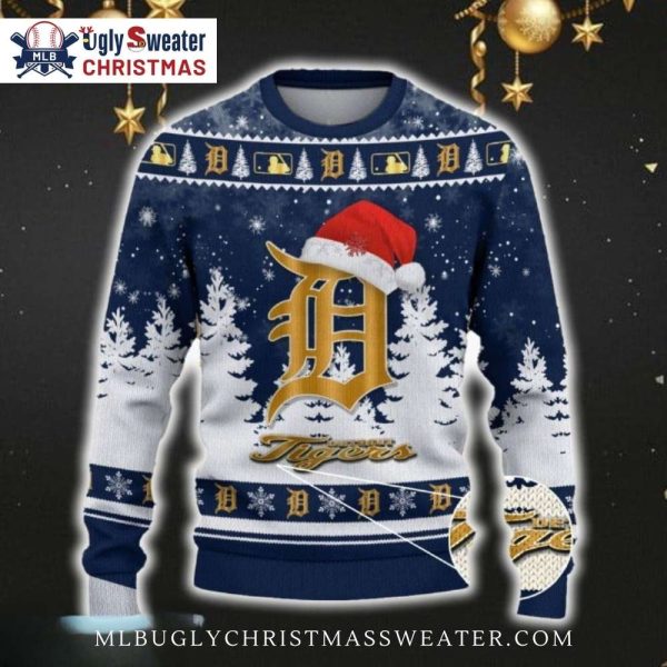 Golden Logo Detroit Tigers Christmas Snowfall Ugly Sweater