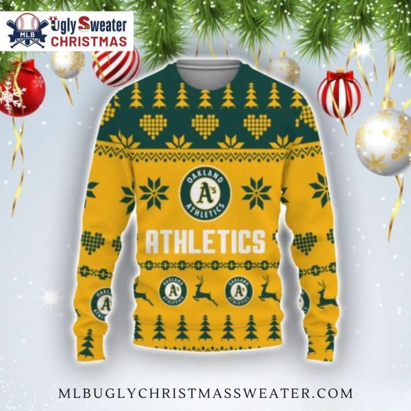 Green And Gold Oakland A’s Christmas Reindeer Sweater