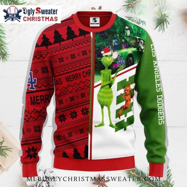 Grinch And Max Dual-Sided Dodgers Christmas Sweater