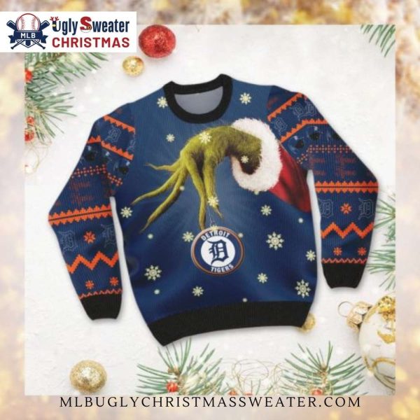 Grinch Arm Holding Detroit Tigers Ornament Ugly Christmas Sweater