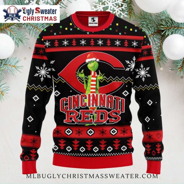 Grinch Cincinnati Reds Ugly Christmas Sweater With Big C Logo