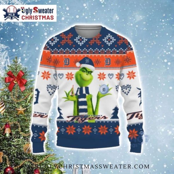 Grinch Detroit Tigers Candy Cane Ball Ugly Christmas Sweater