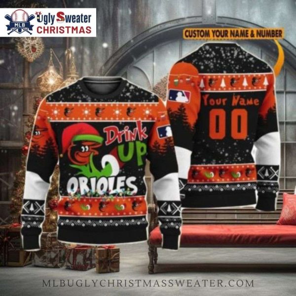 Grinch Drink Up Orioles Customizable Ugly Sweater