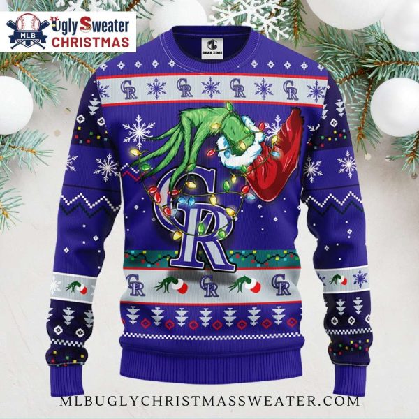 Grinch Holding Lights Colorado Rockies Ugly Christmas Sweater