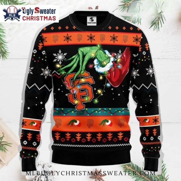 Grinch Holding SF Giants Logo Ugly Christmas Sweater