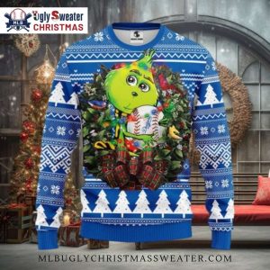 Grinch Hugging Dodgers Baseball Christmas Sweater