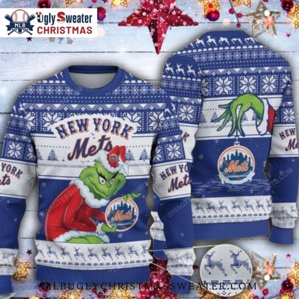 Grinch Hugging Mets Logo Ugly Christmas Sweater